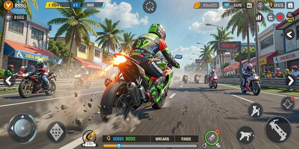 Gameplay mendebarkan dalam balapan motor realistis.