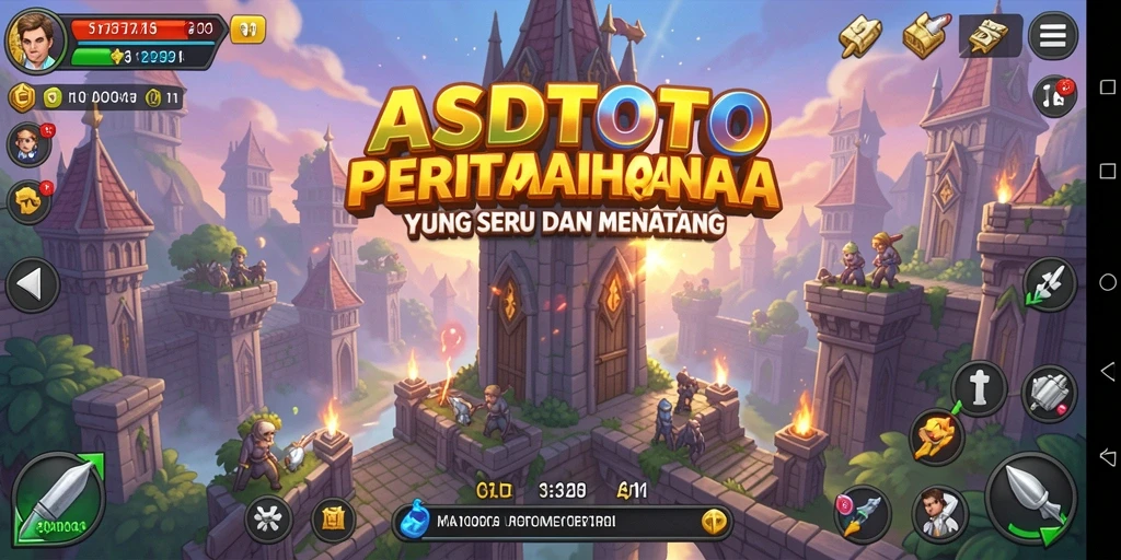 Screenshot gameplay ASDTOTO dengan menara mempertahankan serangan musuh.