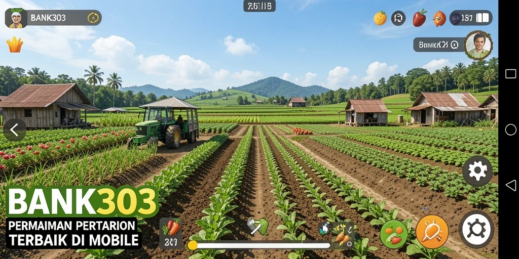 Tampilan gameplay seru di BANK303 dengan aktivitas bertani.