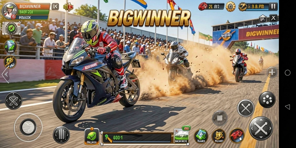 Gameplay menarik dari BIGWINNER yang menunjukkan aksi balap motor.