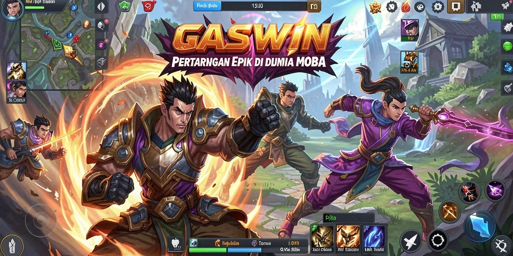 Tangkapan layar utama GASWIN menampilkan aksi pertempuran MOBA yang intens.