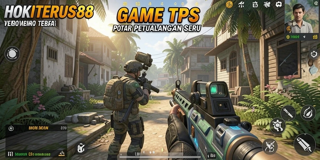 Screenshot HOKITERUS88 menampilkan aksi tembak menembak seru di berbagai lokasi.