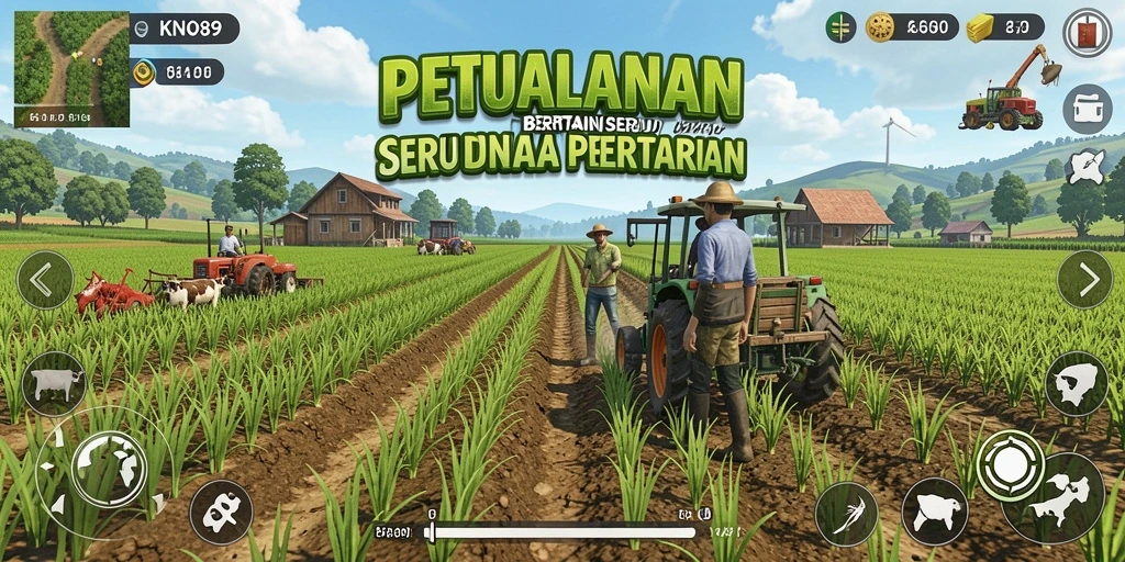 Screenshot gameplay KNO89 yang menampilkan ladang yang luas dan tanaman subur.