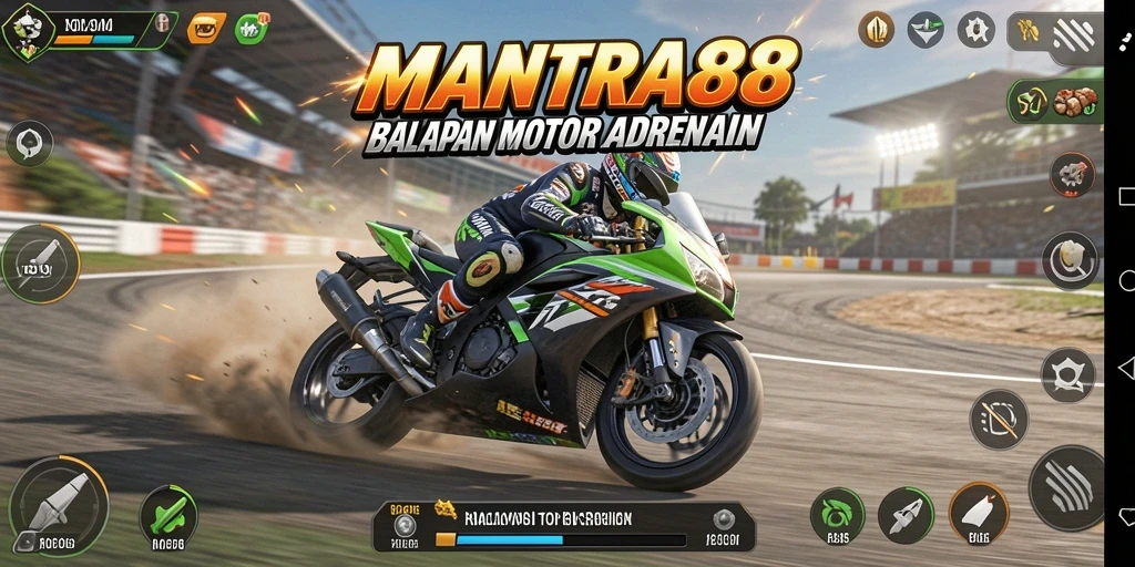 Tampilan gameplay seru MANTRA88 dengan balapan motor yang menegangkan.