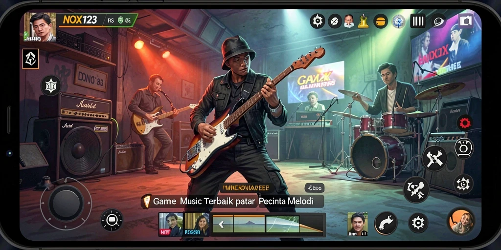 Tampilan gameplay NOX123 yang menarik dengan not-not musik.