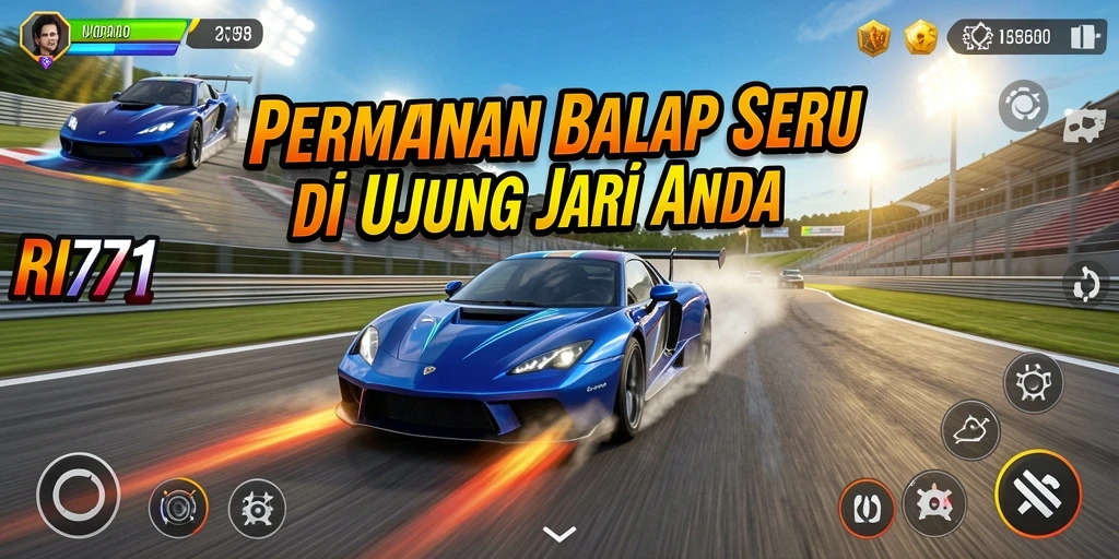 Screenshot gameplay RI771 menunjukkan mobil balap dalam aksi di trek yang menantang.